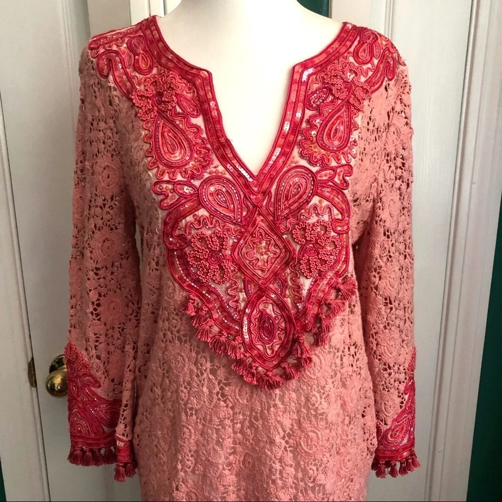 Calypso St. Barth’s tunic dress, peach/coral embroidered sequin & tassels S